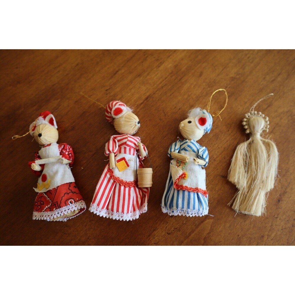 Lot 4 Corn Husk Christmas Ornaments Vintage Mouse Mice 4" Horsehair (?) Angel - Picture 6 of 13